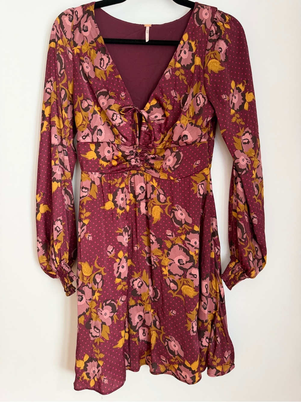 Vintage Y2K Free People Floral Boho Tie Front Long Sleeve Burgundy Pink Size 6